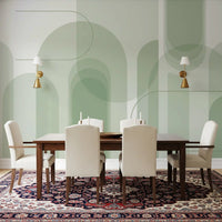 Dining room Sage Serenity Arches Wall Mural showing muted curves and pale sage layers

