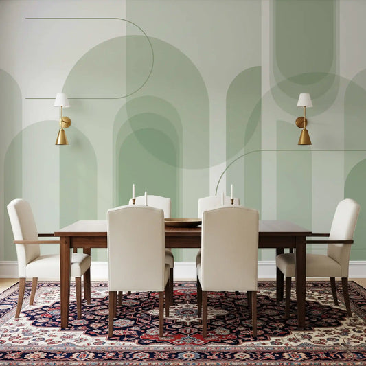 Dining room Sage Serenity Arches Wall Mural showing muted curves and pale sage layers
