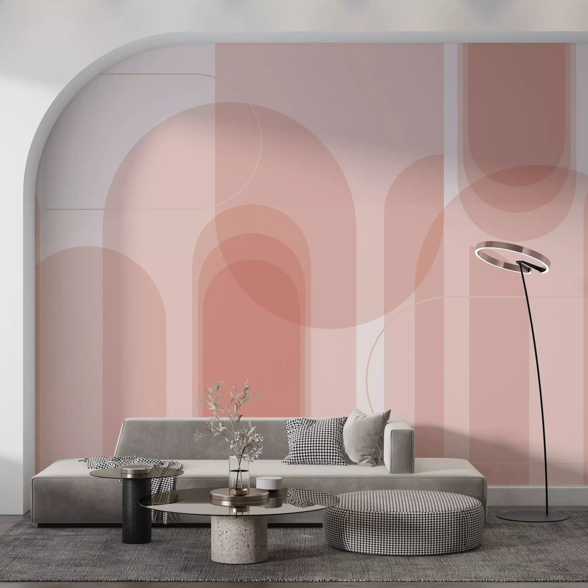 Living room wall mural with Blush Geometric Harmony and soft rose arch forms