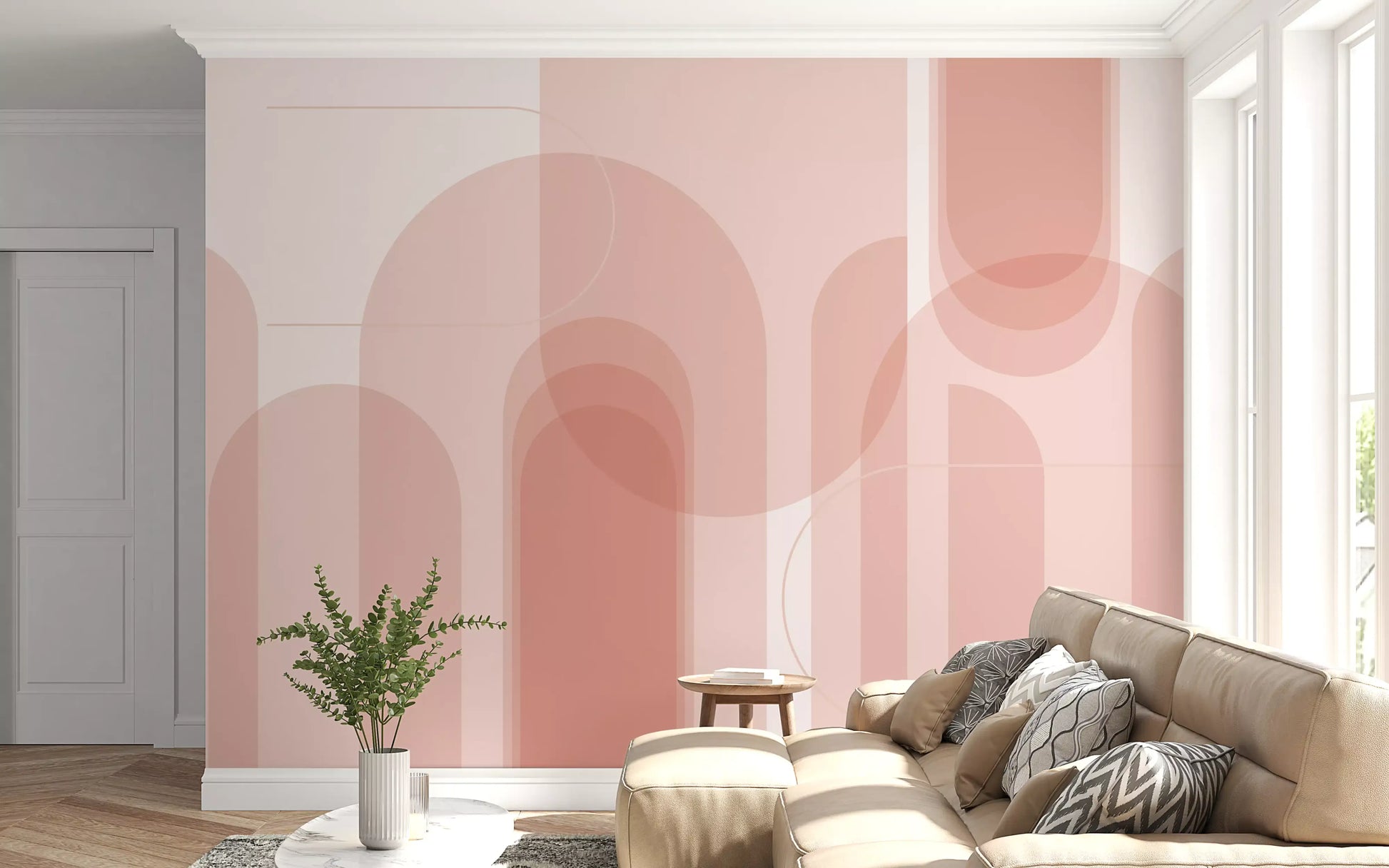 Pink geometric wall mural with rounded arches and translucent layered forms