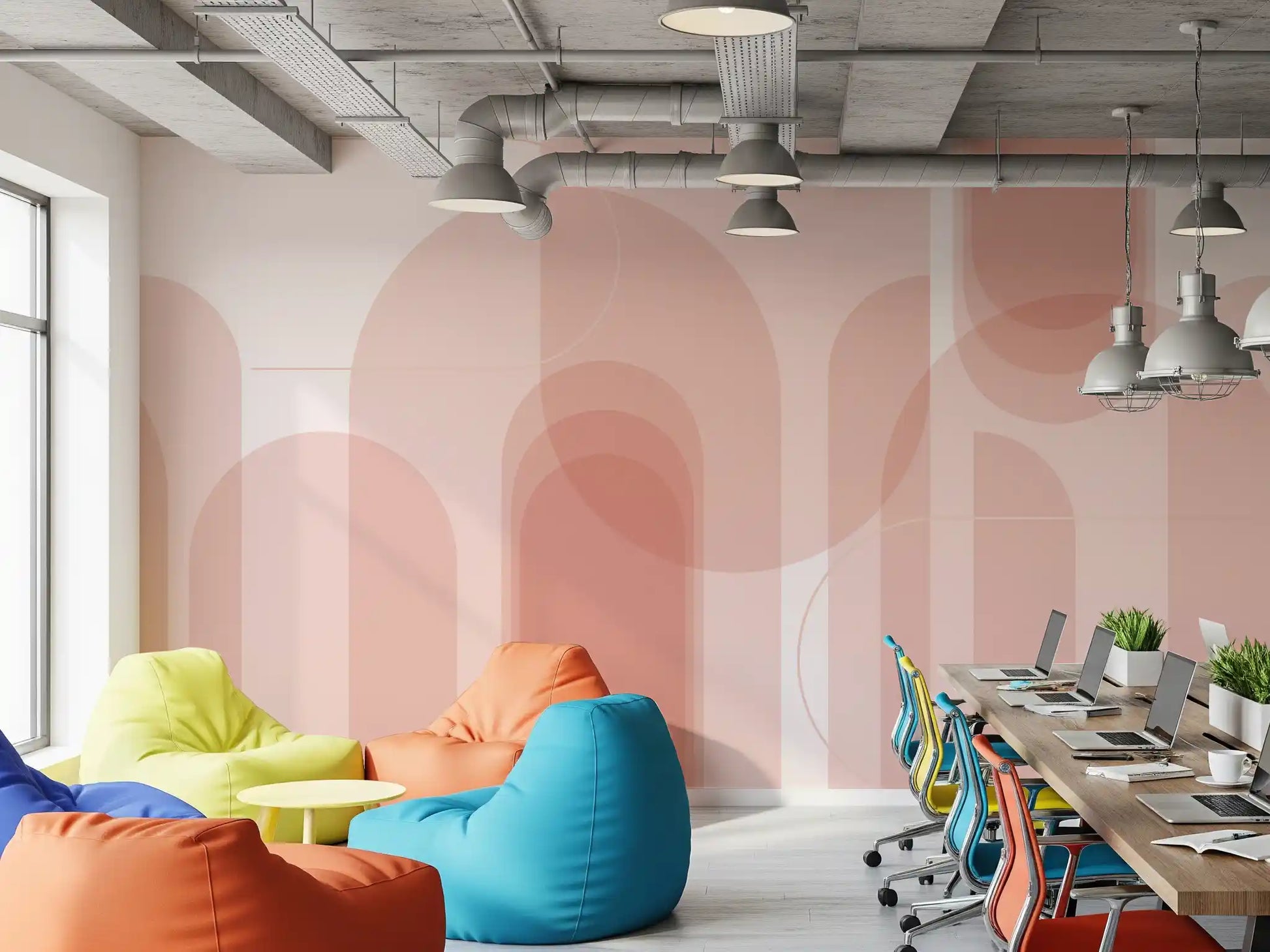 Rose abstract wall mural with overlapping curves and clean architectural rhythm