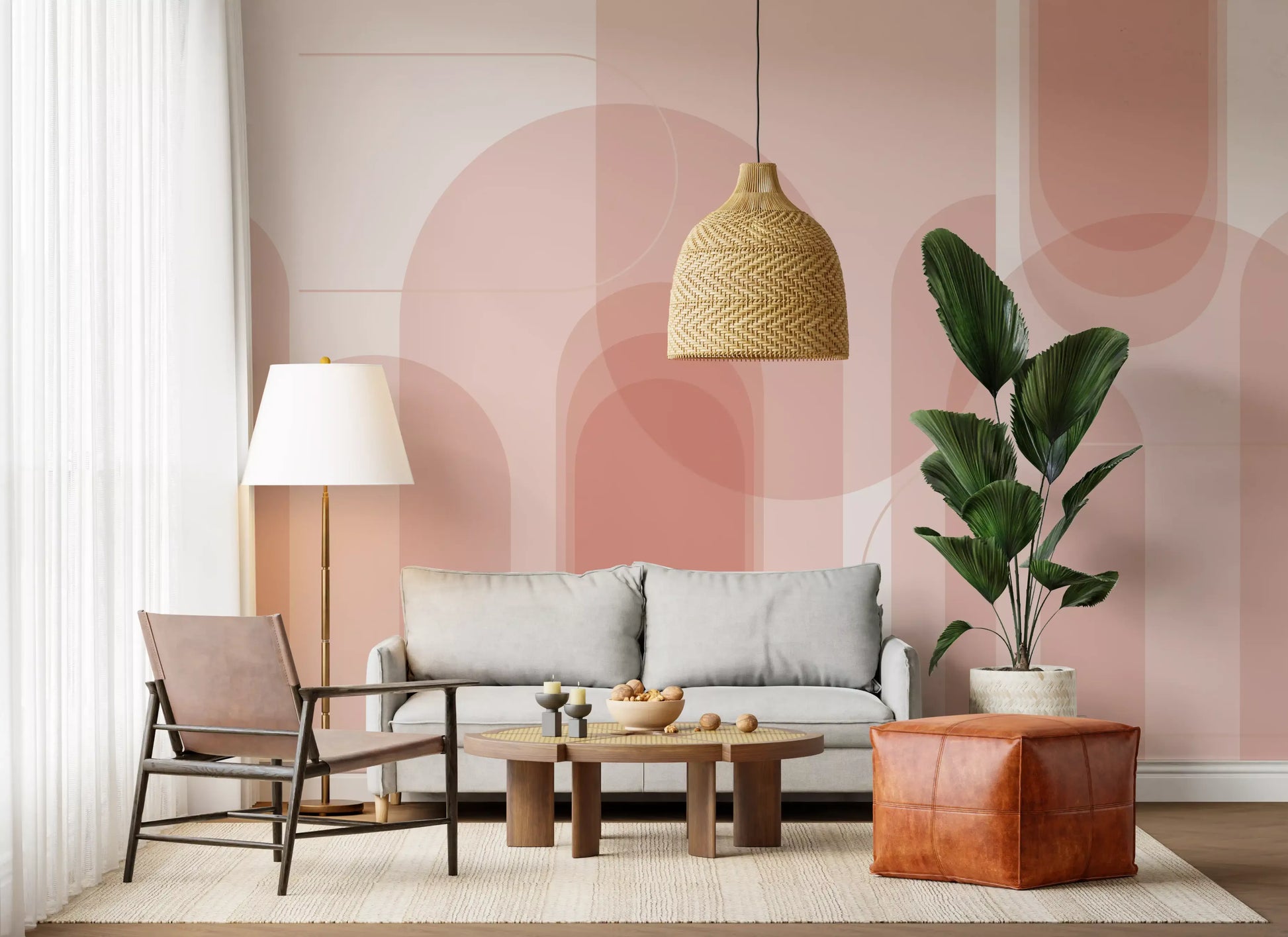 Hallway wall mural showing Blush Geometric Harmony with pale pink layers