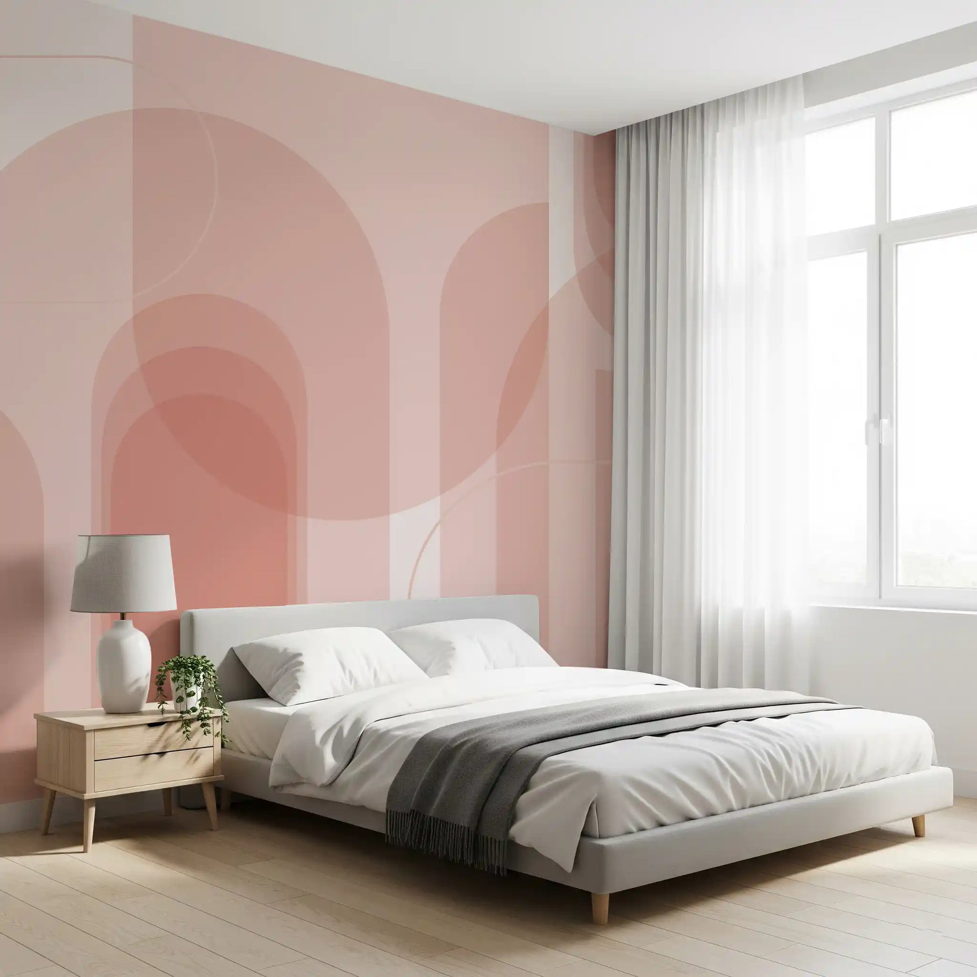 Blush arch wall mural design with curved lines and gentle abstract spacing
