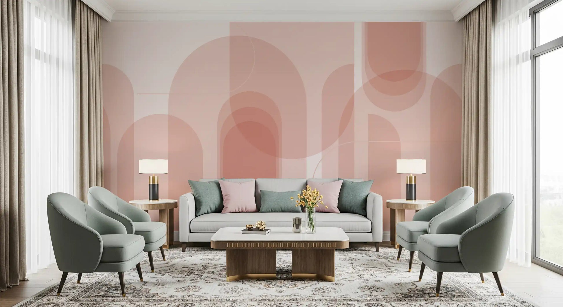 Blush Geometric Harmony Wall Mural with soft arch shapes and rose tones