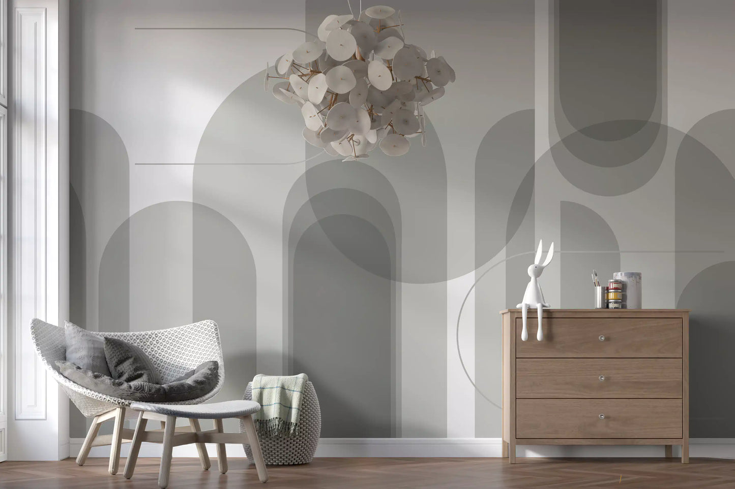 Modern abstract wall mural with grey arches, circles, and soft block shapes