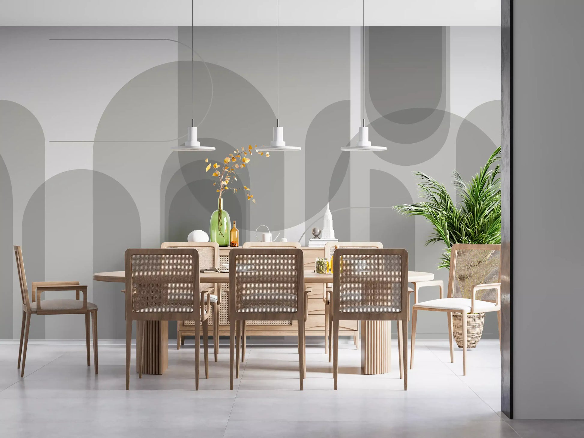 Grey arches wall mural design with layered curves and subtle line accents