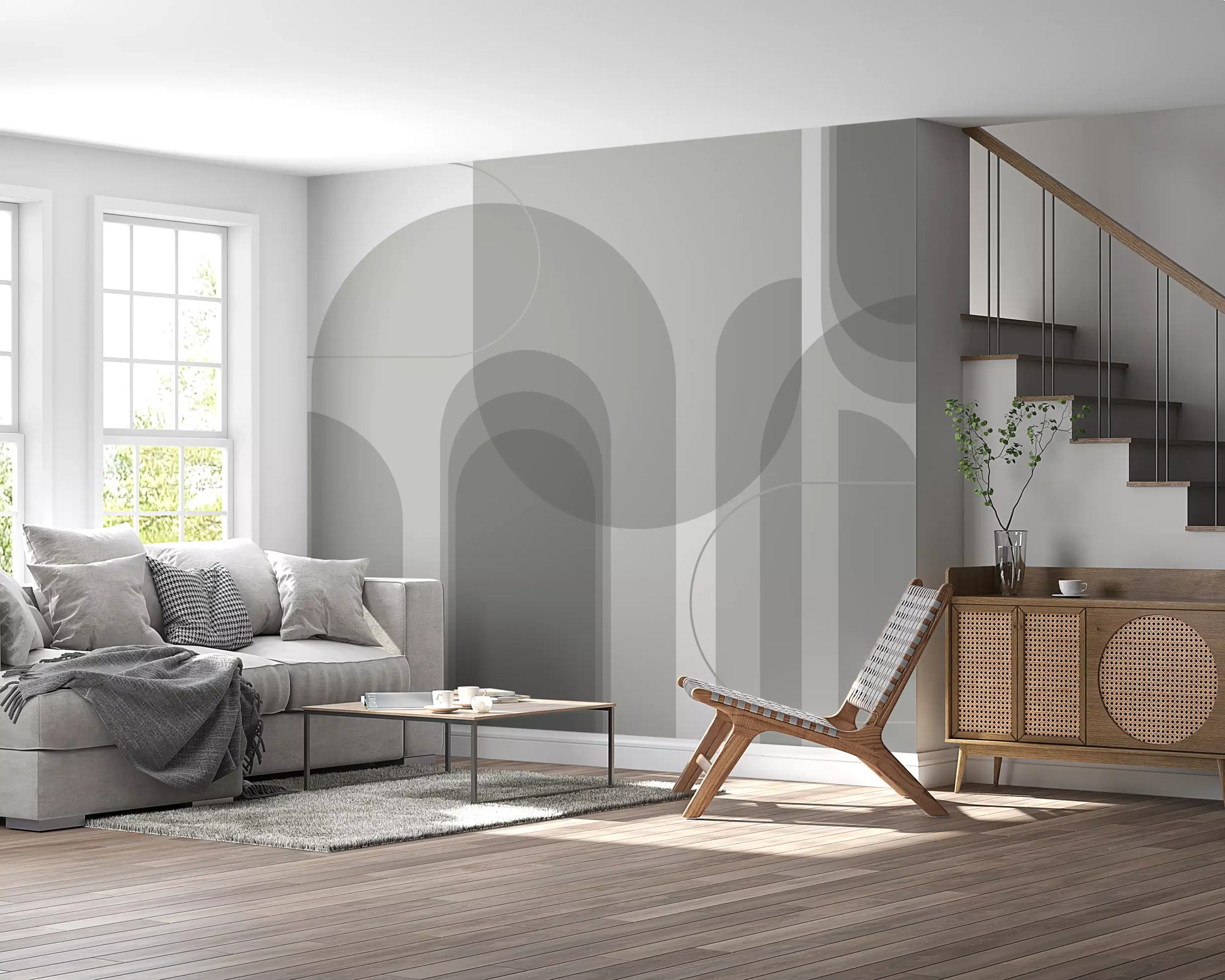 Abstract Grey Arches Wall Mural with rounded shapes and soft tonal depth