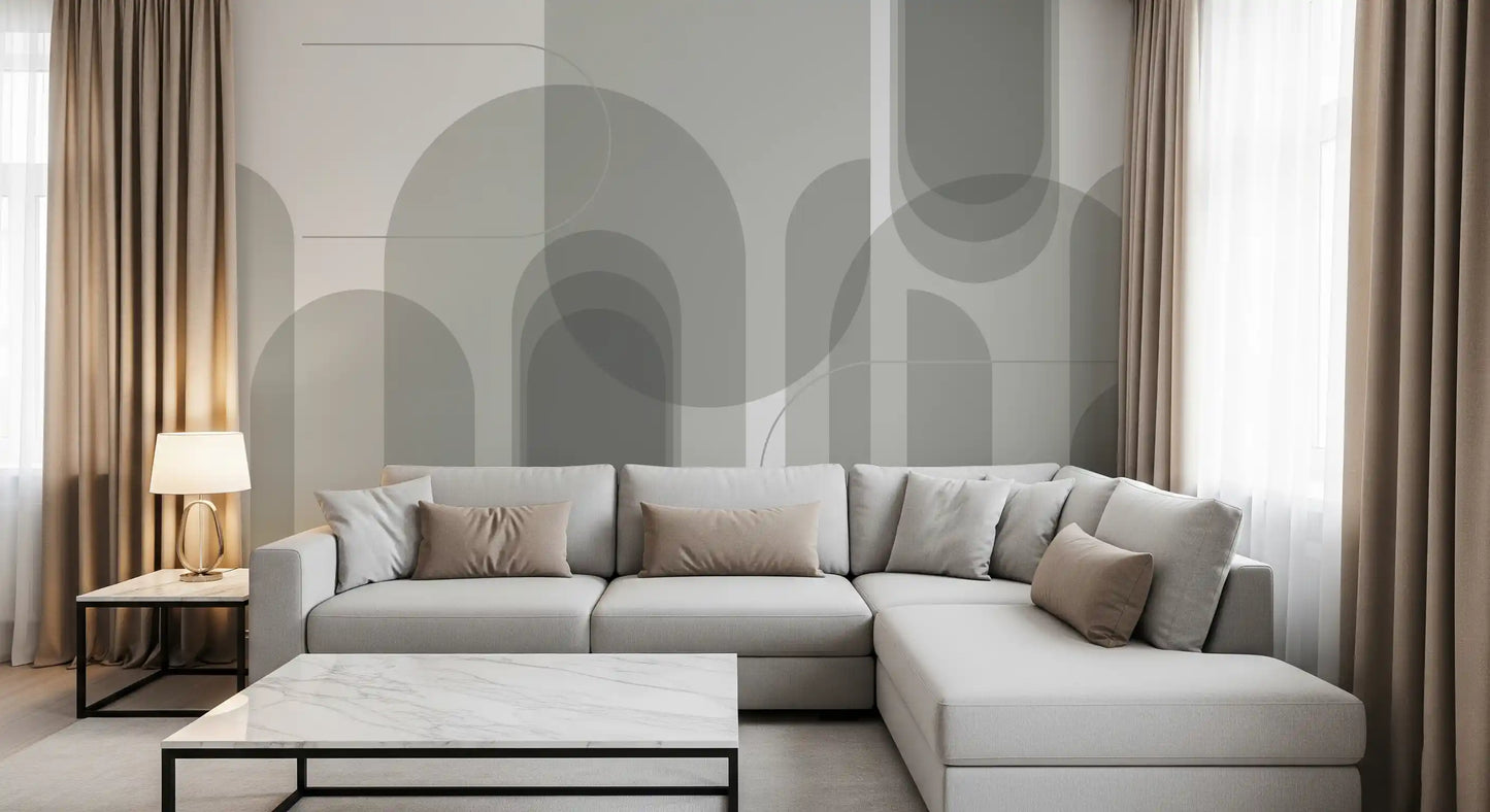 Living room wall mural with Abstract Grey Arches and clean architectural style