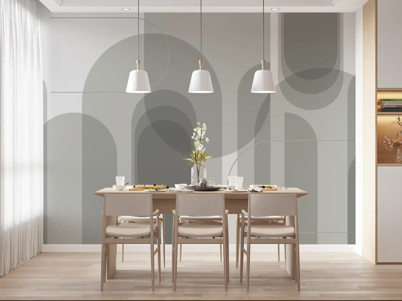 Dining area wall mural showing grey arch shapes with calm abstract styling