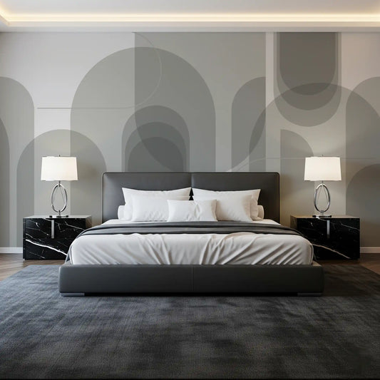 Bedroom wall mural with Abstract Grey Arches and soft geometric layers
