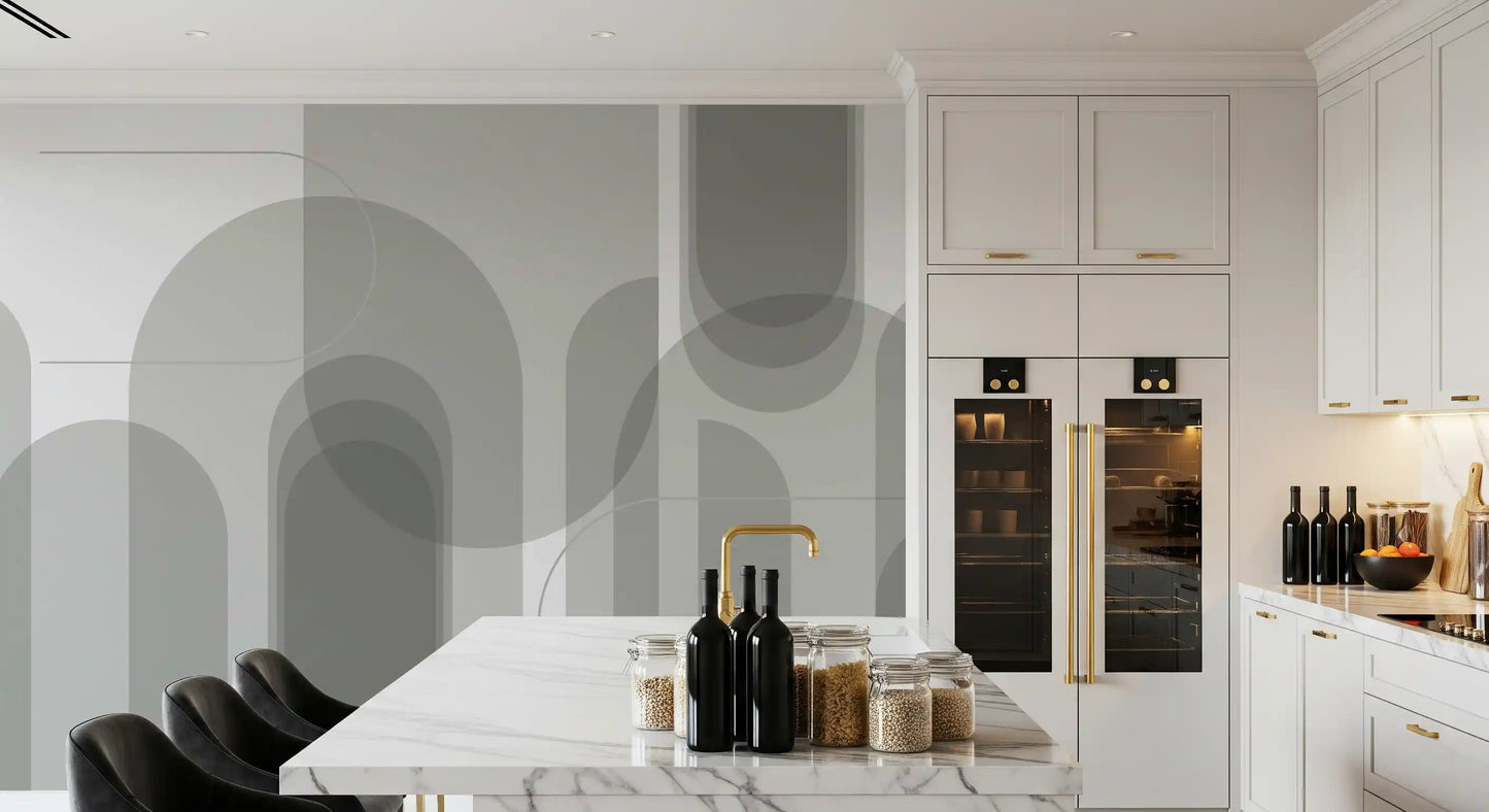 Neutral grey wall mural featuring curved arch forms and minimal geometry
