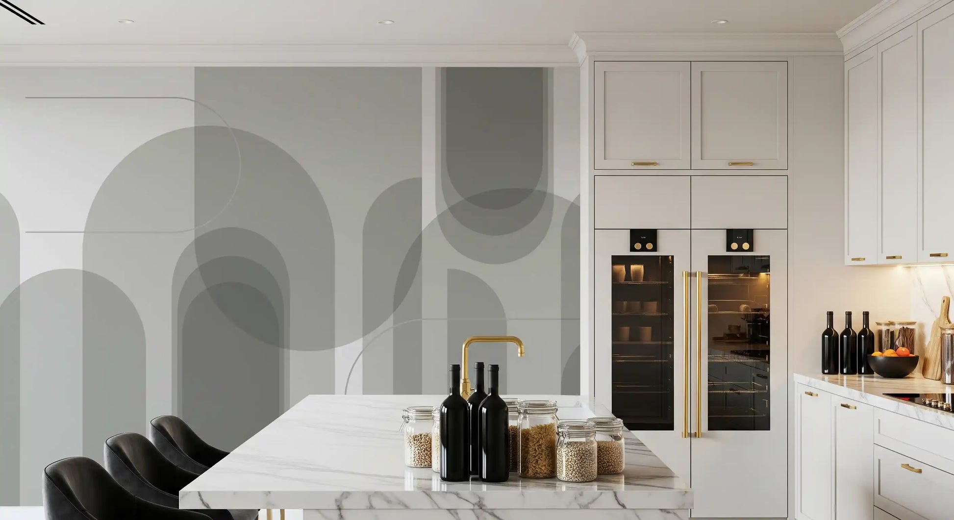 Neutral grey wall mural featuring curved arch forms and minimal geometry