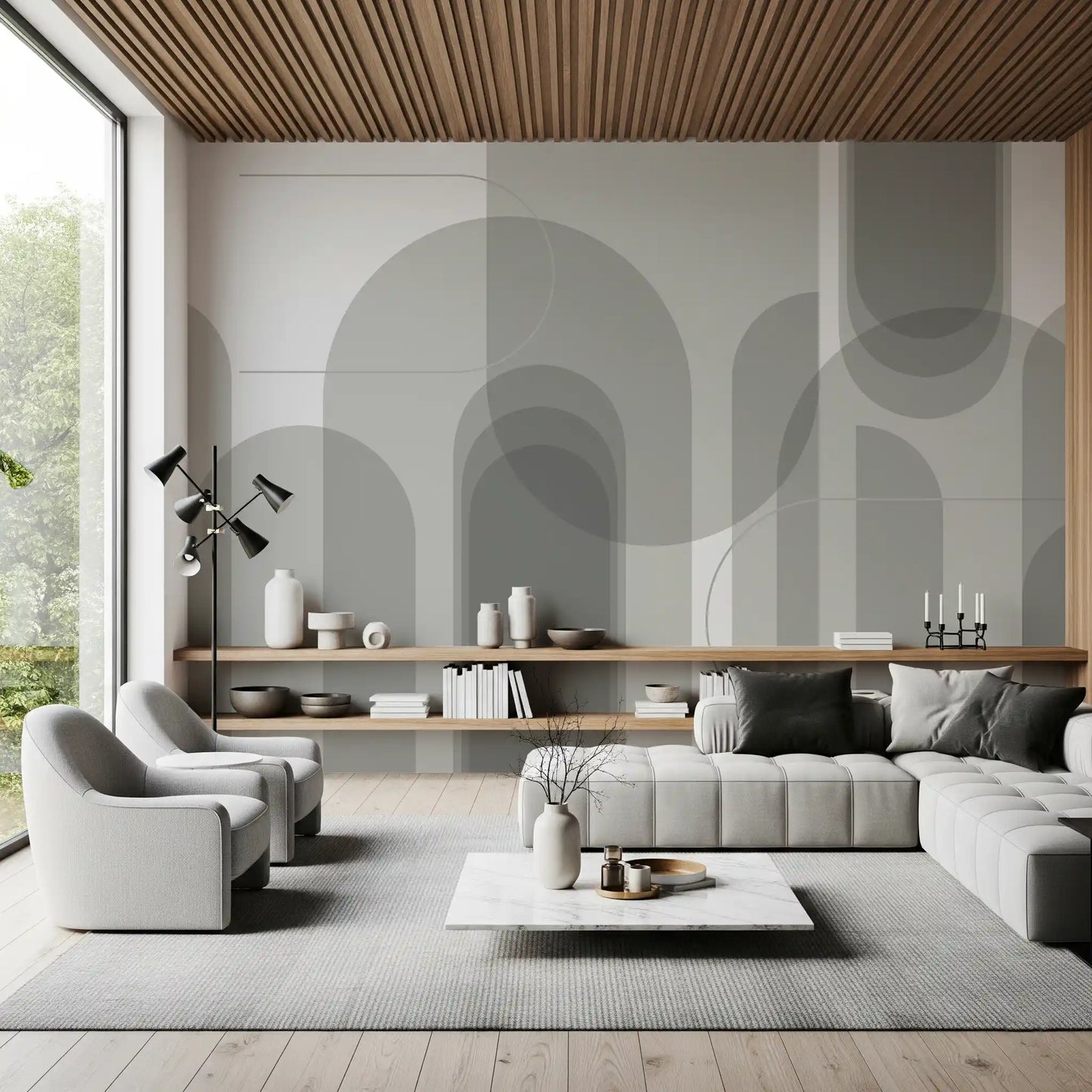 Abstract wall mural with pale grey arches and smooth contemporary movement
