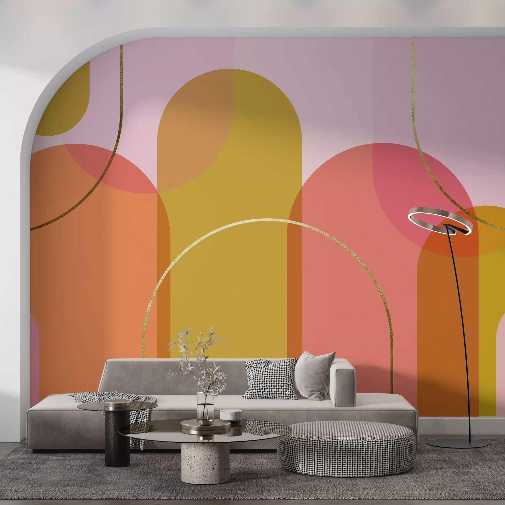 Living room Golden Hour Geometry wall mural with warm arch shapes