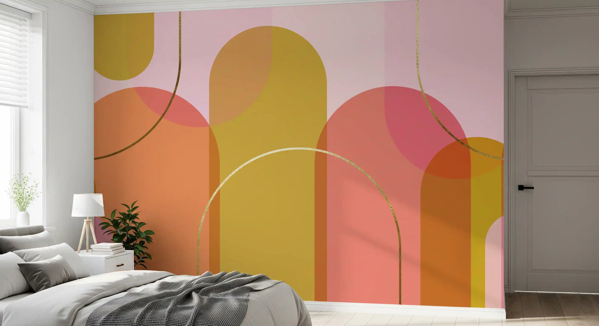 Abstract arch wall mural with warm peach panels and slim golden lines