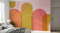 Abstract arch wall mural with warm peach panels and slim golden lines