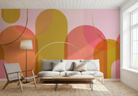 Hallway Golden Hour Wall Mural with pink panels and gold curves