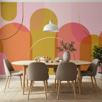 Golden Hour Geometry Wall Mural with pink, orange, and gold arch layers