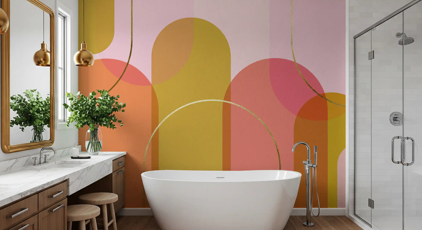 Warm arch mural with coral shapes, mustard tones, and balanced spacing