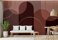 Golden curve wall mural with soft rose overlays and deep arch shapes