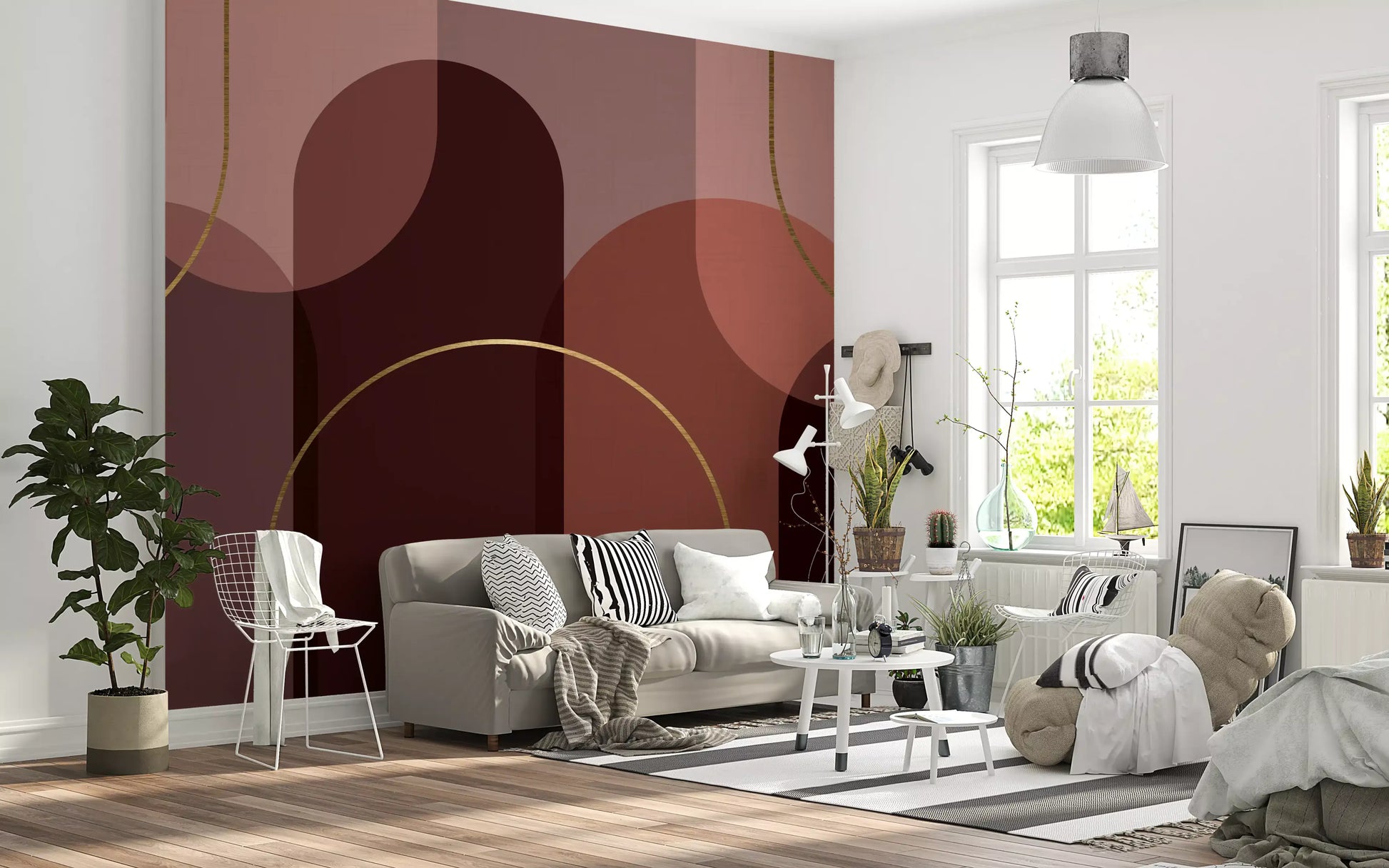 Abstract arch wall mural with clay shades, burgundy forms, and gold arcs