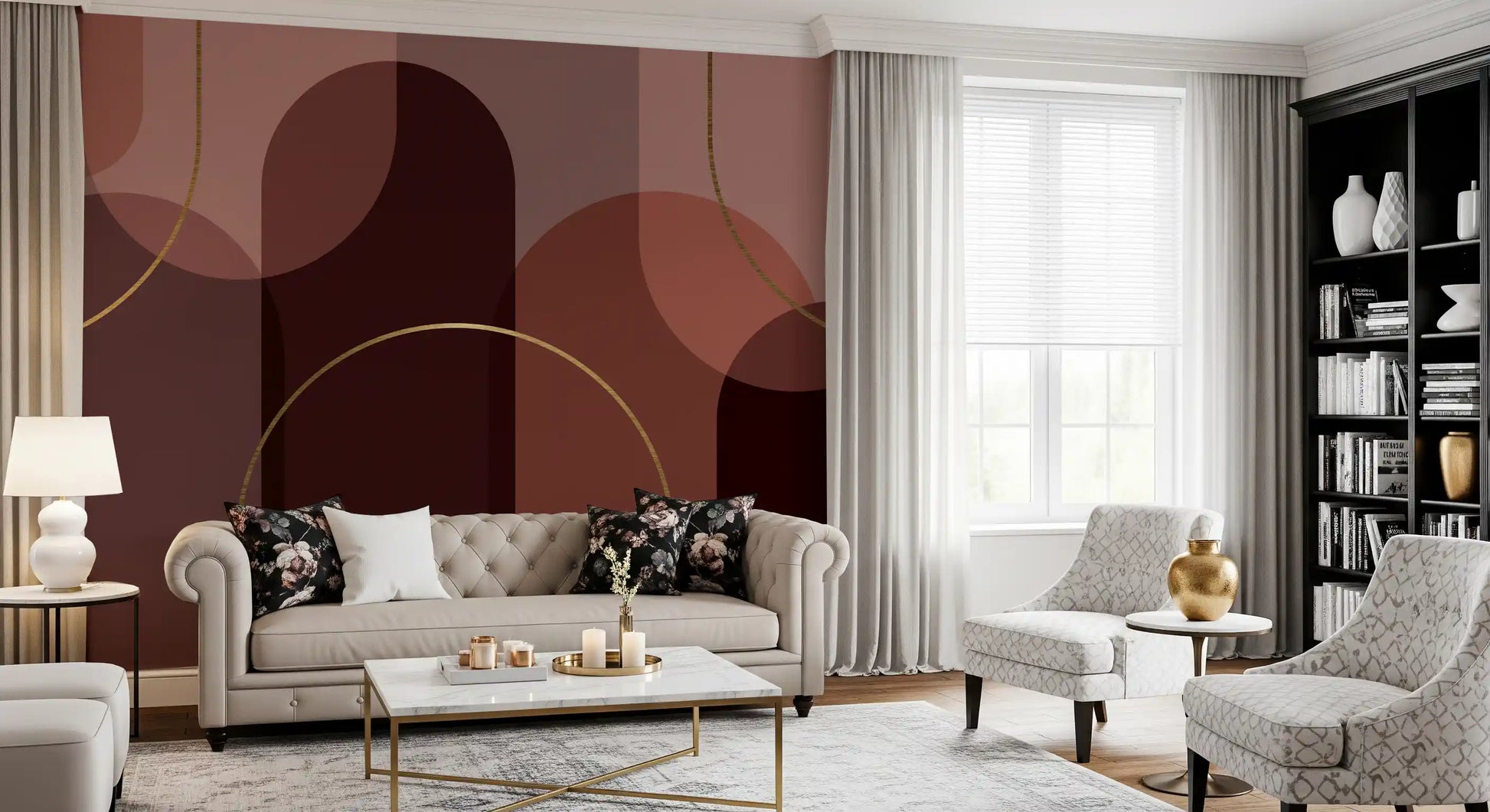 Living room Golden Arc Wall Mural featuring wine tones and geometric balance
