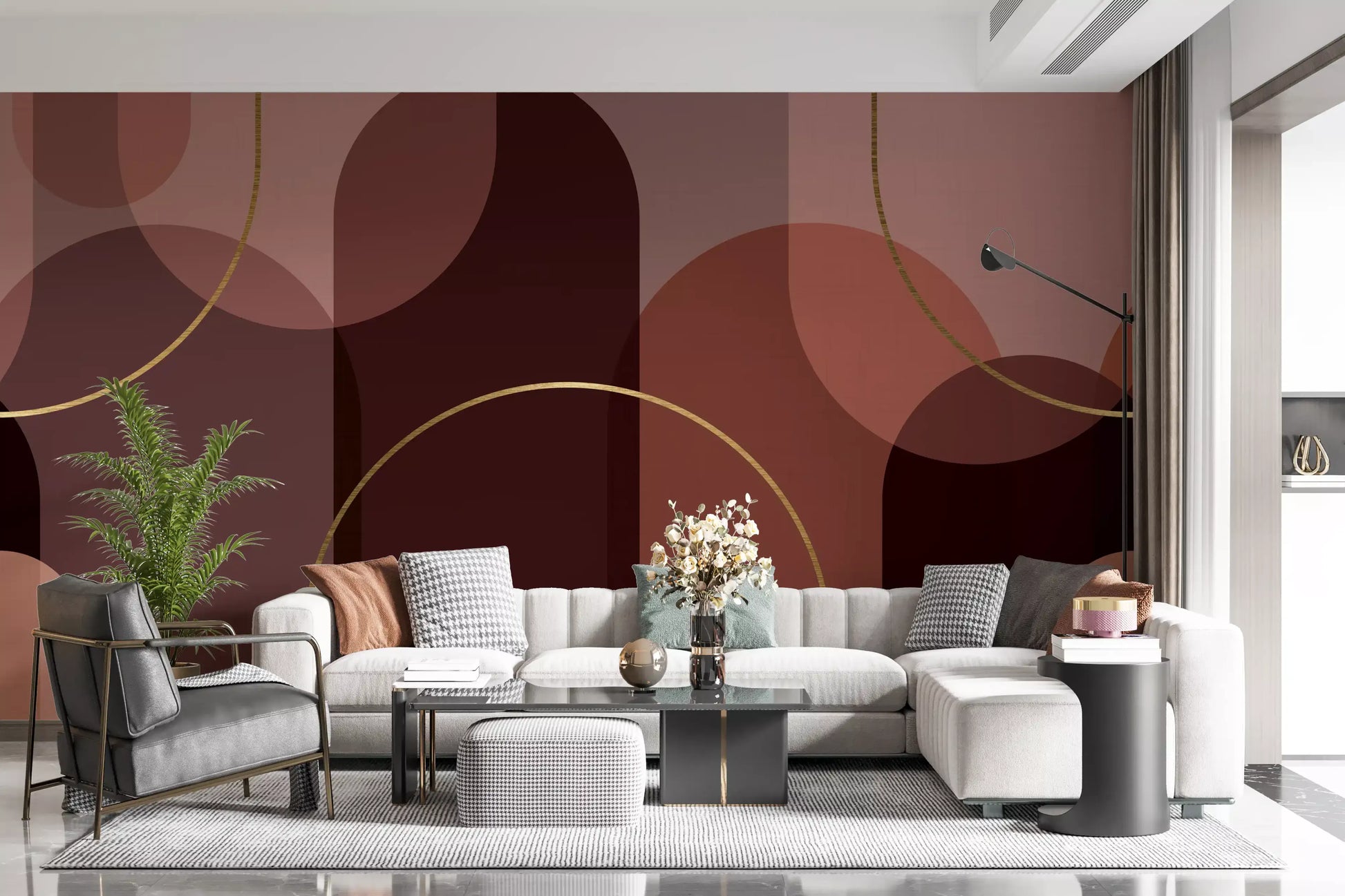 Golden Arc Serenity Wall Mural with layered arches and slim gold lines