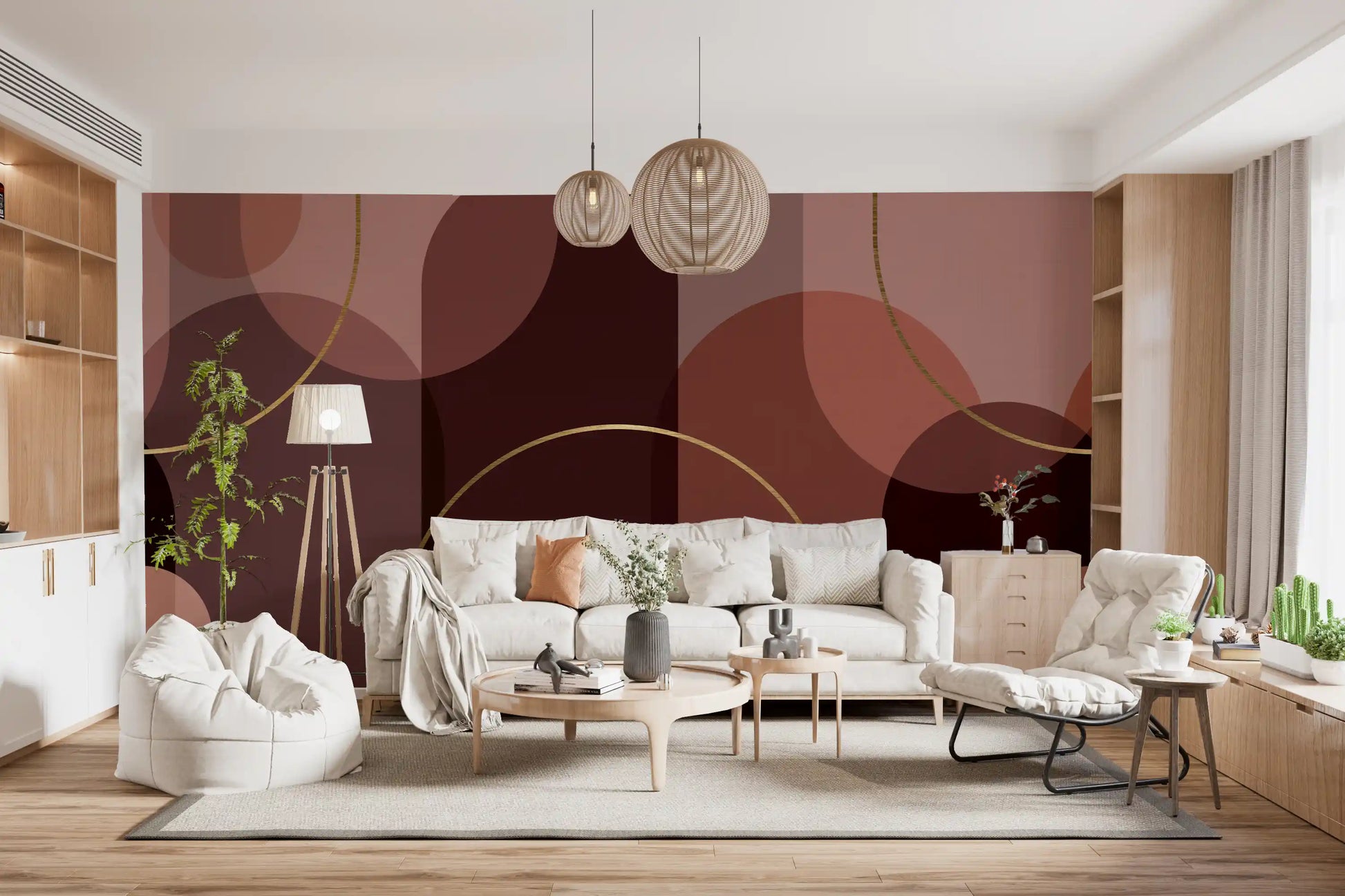 Living room Golden Arc wall mural showing soft rose panels and gold curves