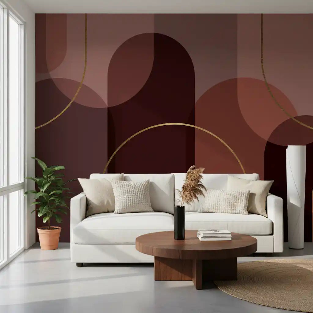 Office area Golden Arc Serenity wall mural with layered burgundy arches