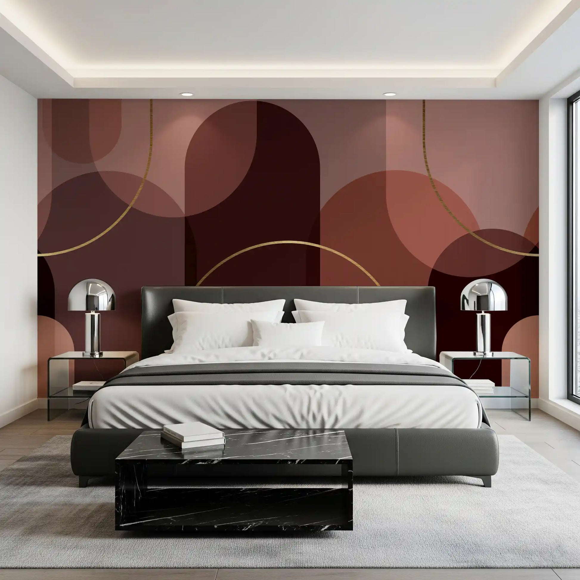 Geometric wall mural showing rounded panels and warm copper colour blocks