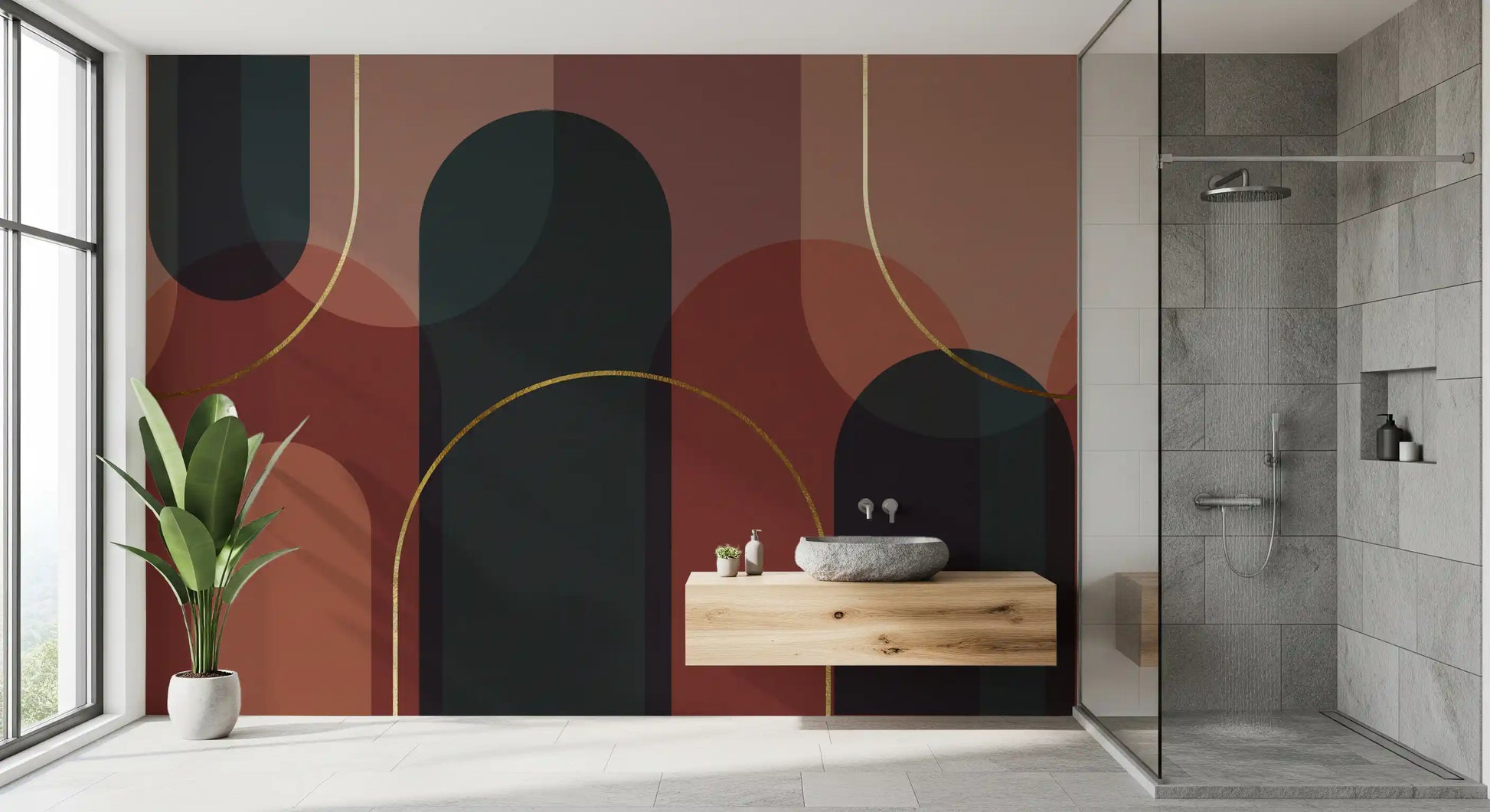 Bathroom Sunset Arches wall mural with warm geometric shapes