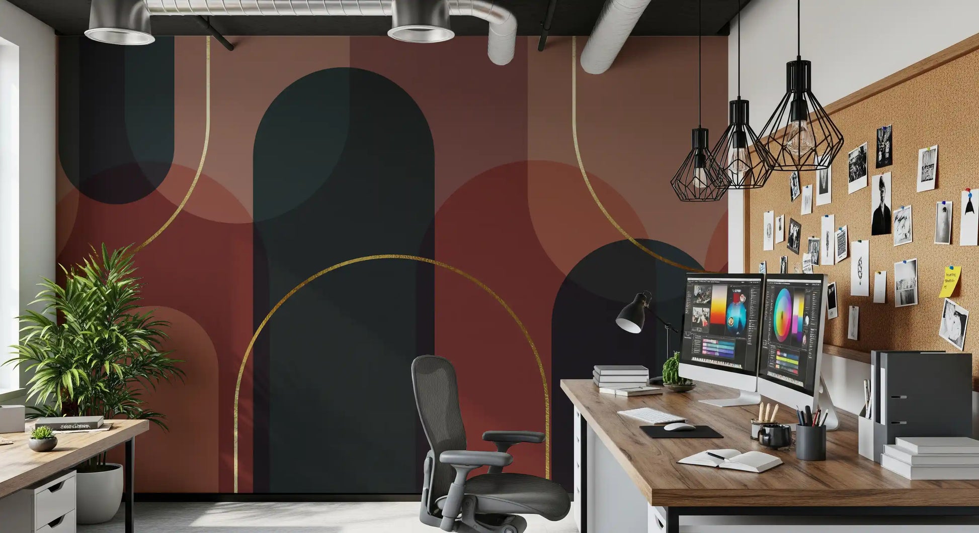 Office area Sunset Arch Mural showing gold curves and layered panels