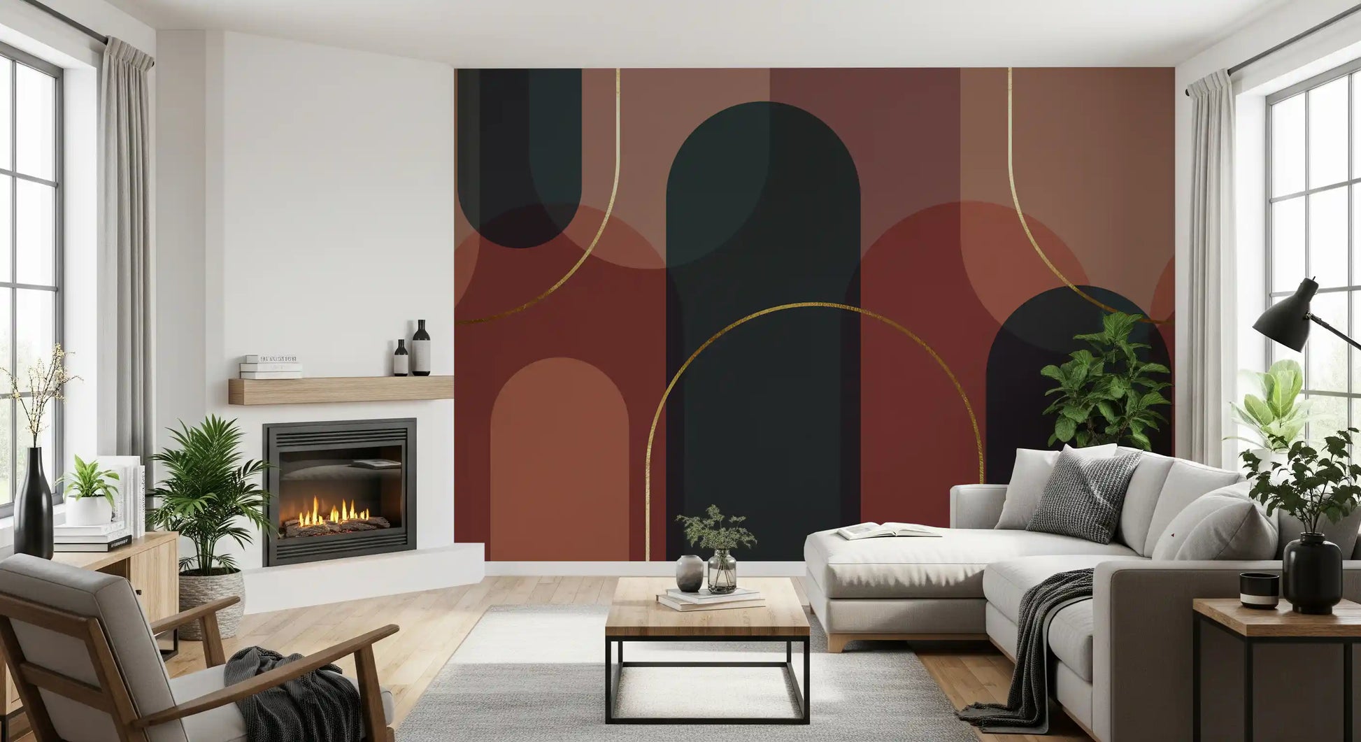 Arch pattern wall mural with terracotta layers and modern geometric flow
