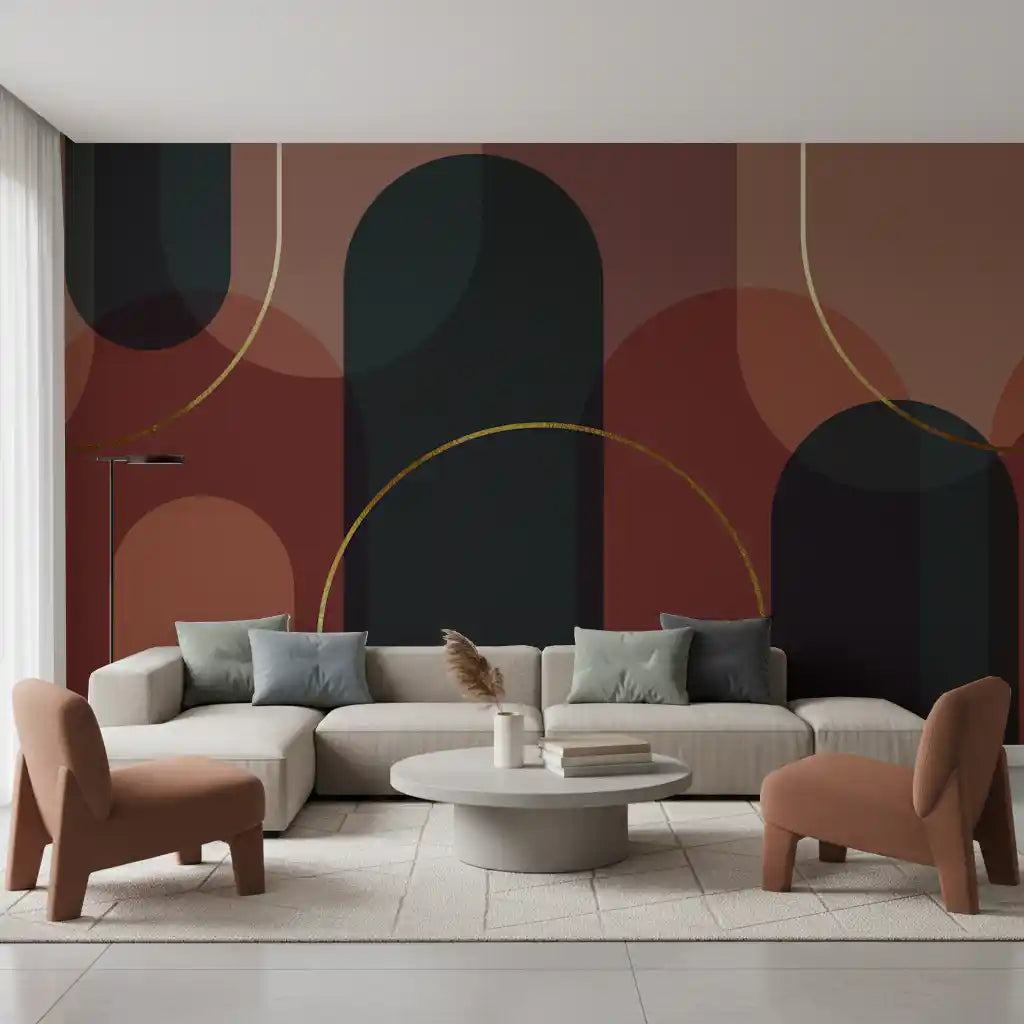 Modern arch mural with dark vertical shapes and muted copper tones