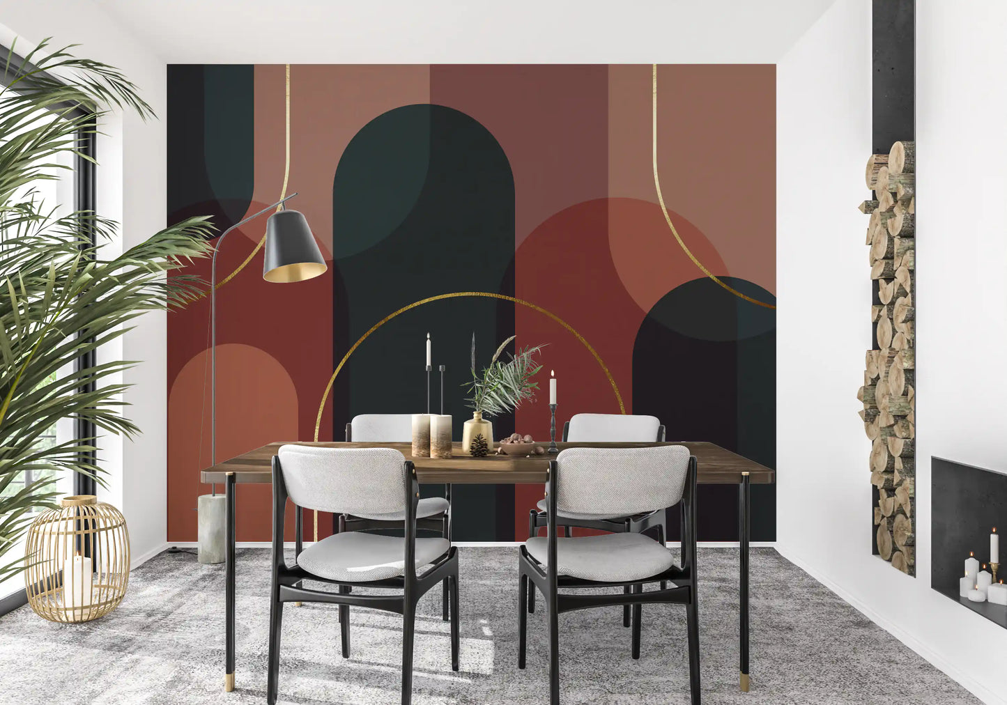 Sunset Arches Wall Mural with curved architecture and warm colour blocks