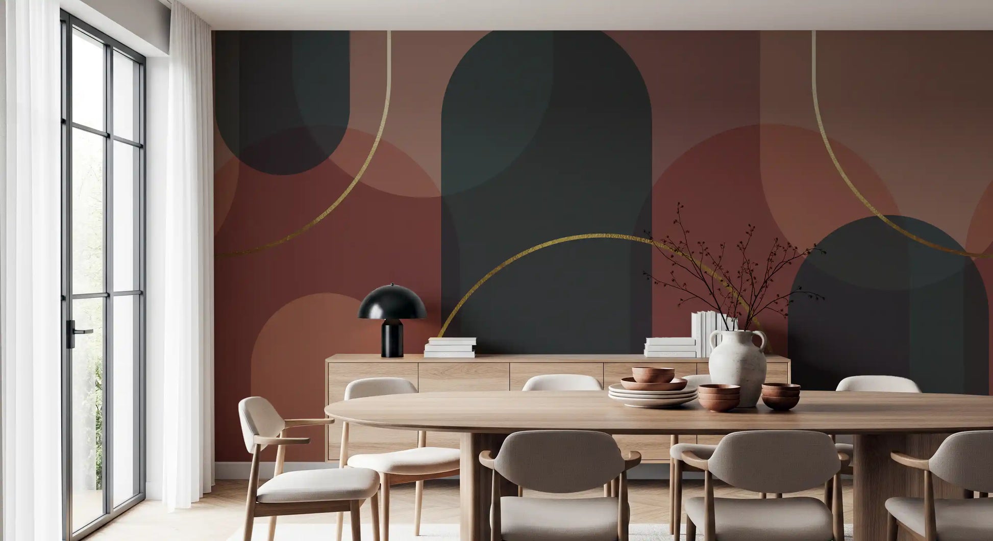 Sunset geometric mural showing rounded forms and refined line accents