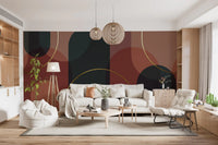 Living room Geometric Wall Mural with red-brown arches and dark forms