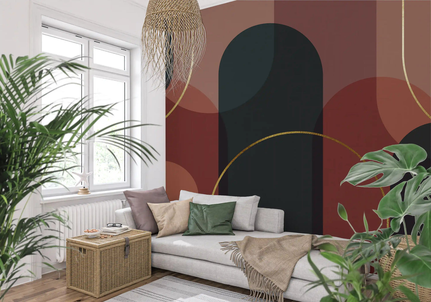 Gilded Lines Wall Mural featuring gold arcs and deep charcoal shapes