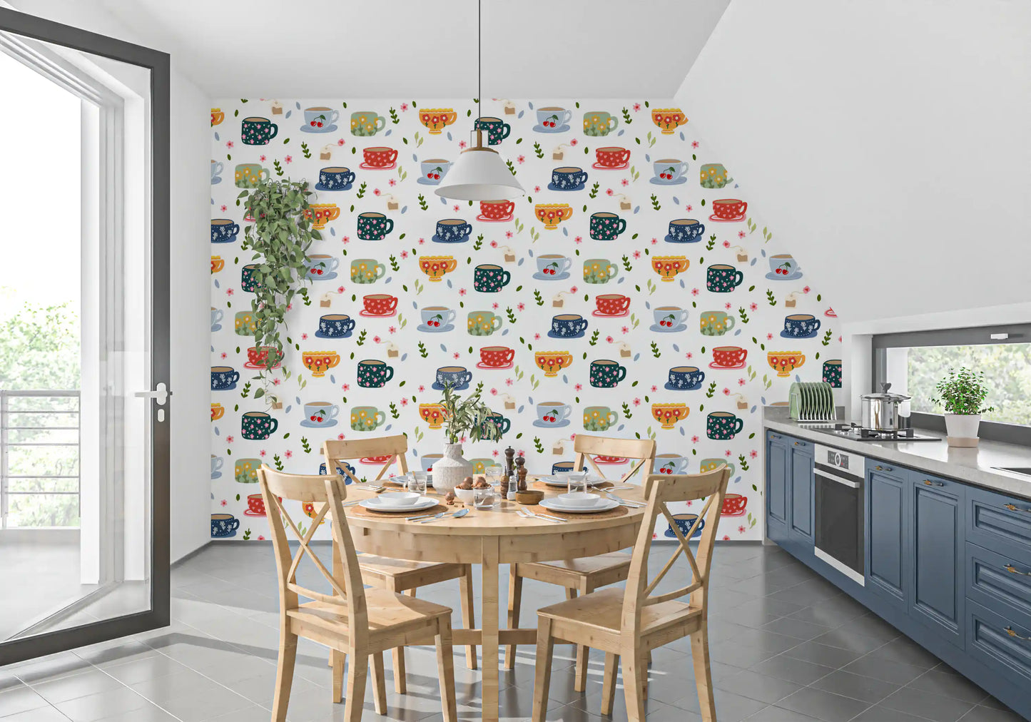 Papel de Parede com Chávenas de Café e Flores