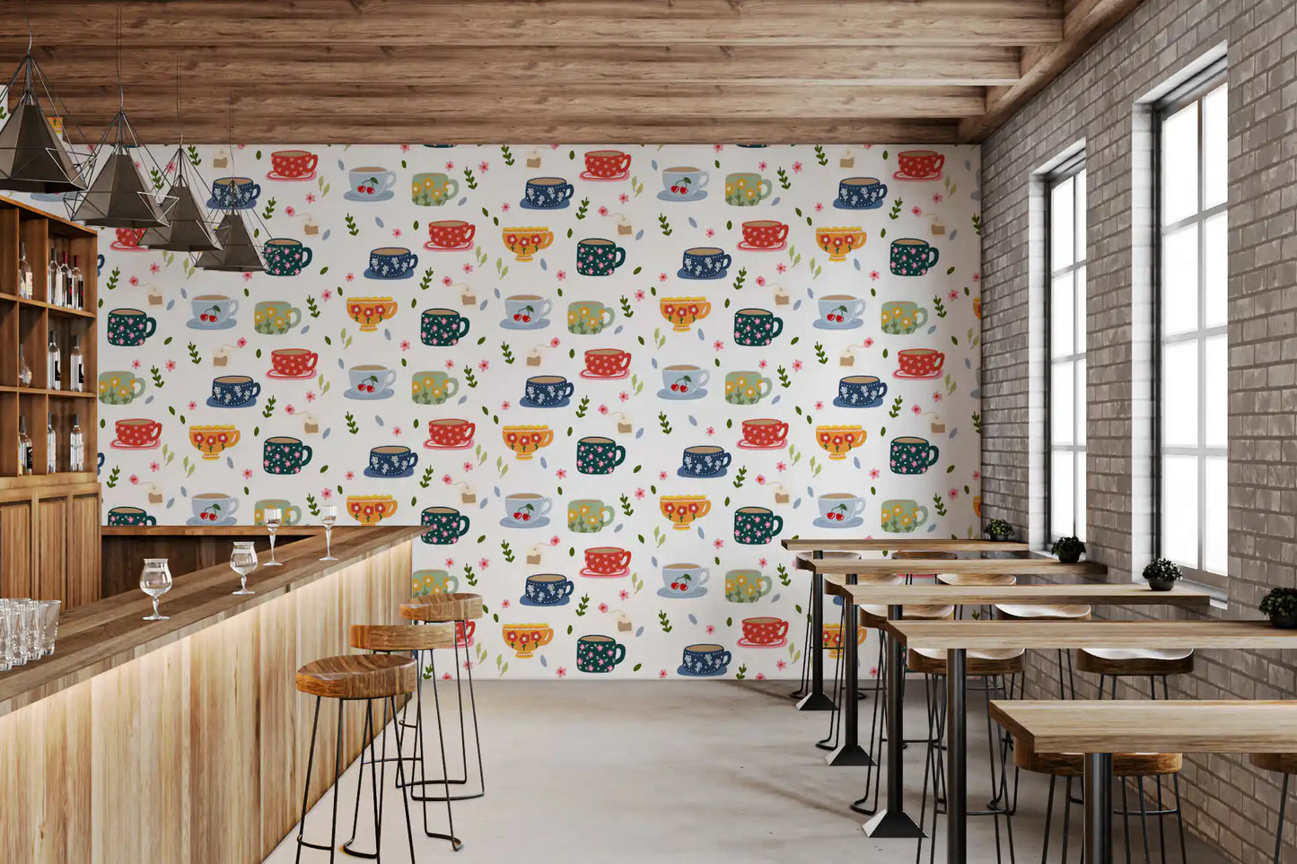 Papel de Parede com Chávenas de Café e Flores