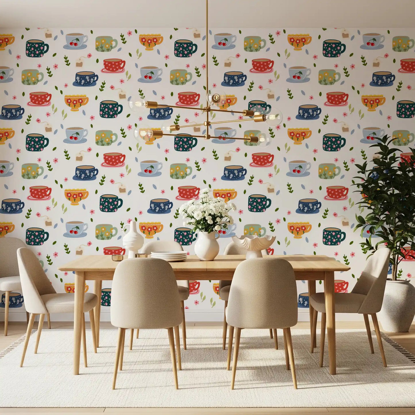 Papel de Parede com Chávenas de Café e Flores