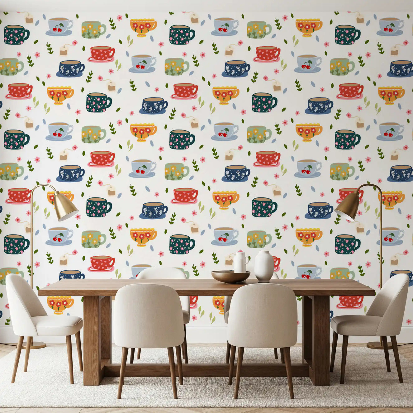 Tapet med kaffekopper og blomster