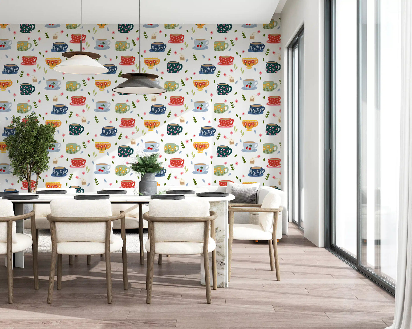 Papel de Parede com Chávenas de Café e Flores