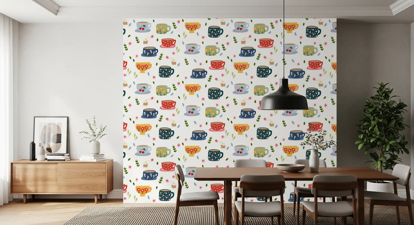Papel de Parede com Chávenas de Café e Flores