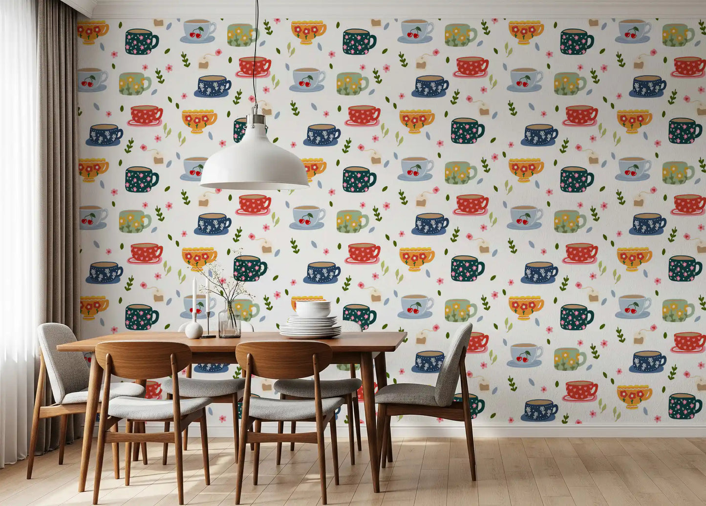 Papel de Parede com Chávenas de Café e Flores