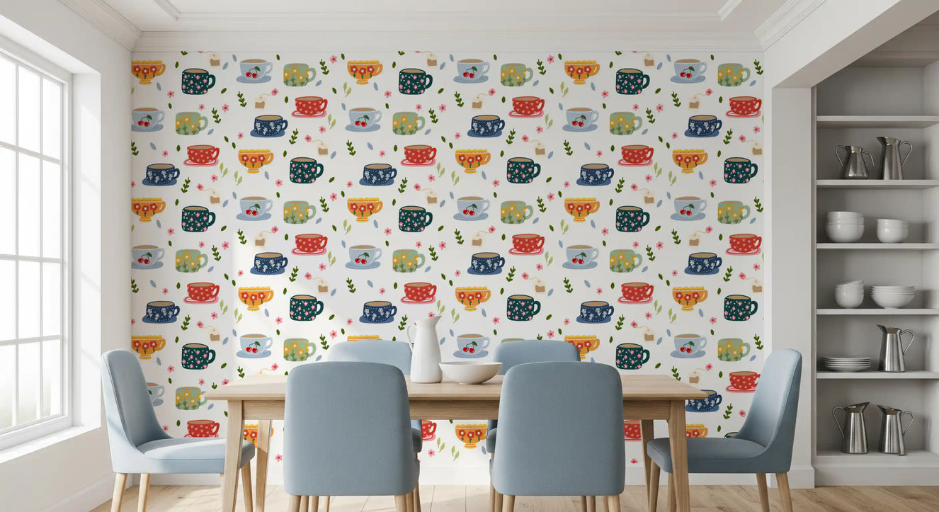Tapet med kaffekopper og blomster