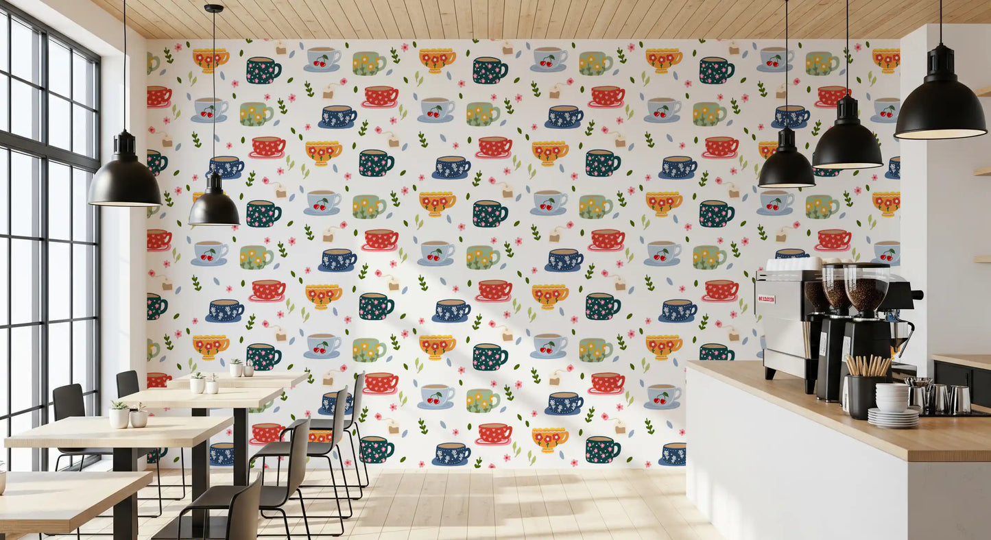Papel de Parede com Chávenas de Café e Flores