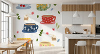 Kitchen Teatime Wall Mural with colorful mugs and floral tea accents