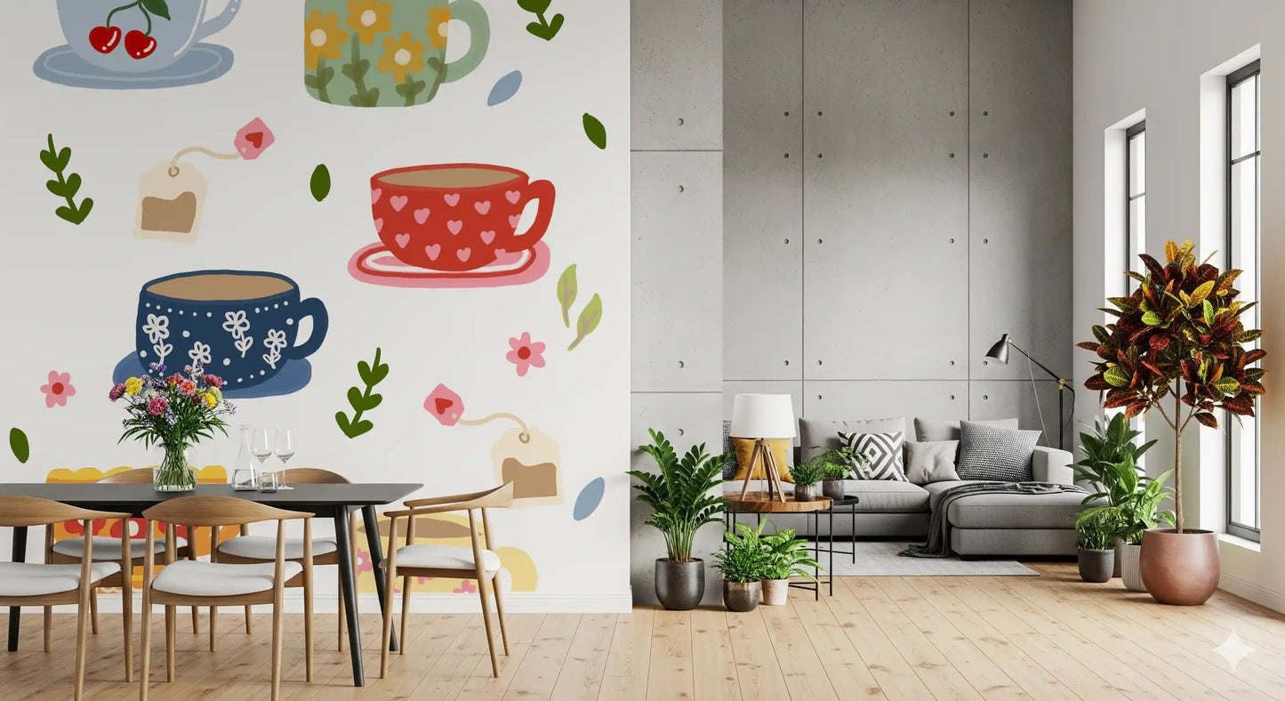 Breakfast nook Tea Cups Mural with leaves, tags, and cheerful cup art