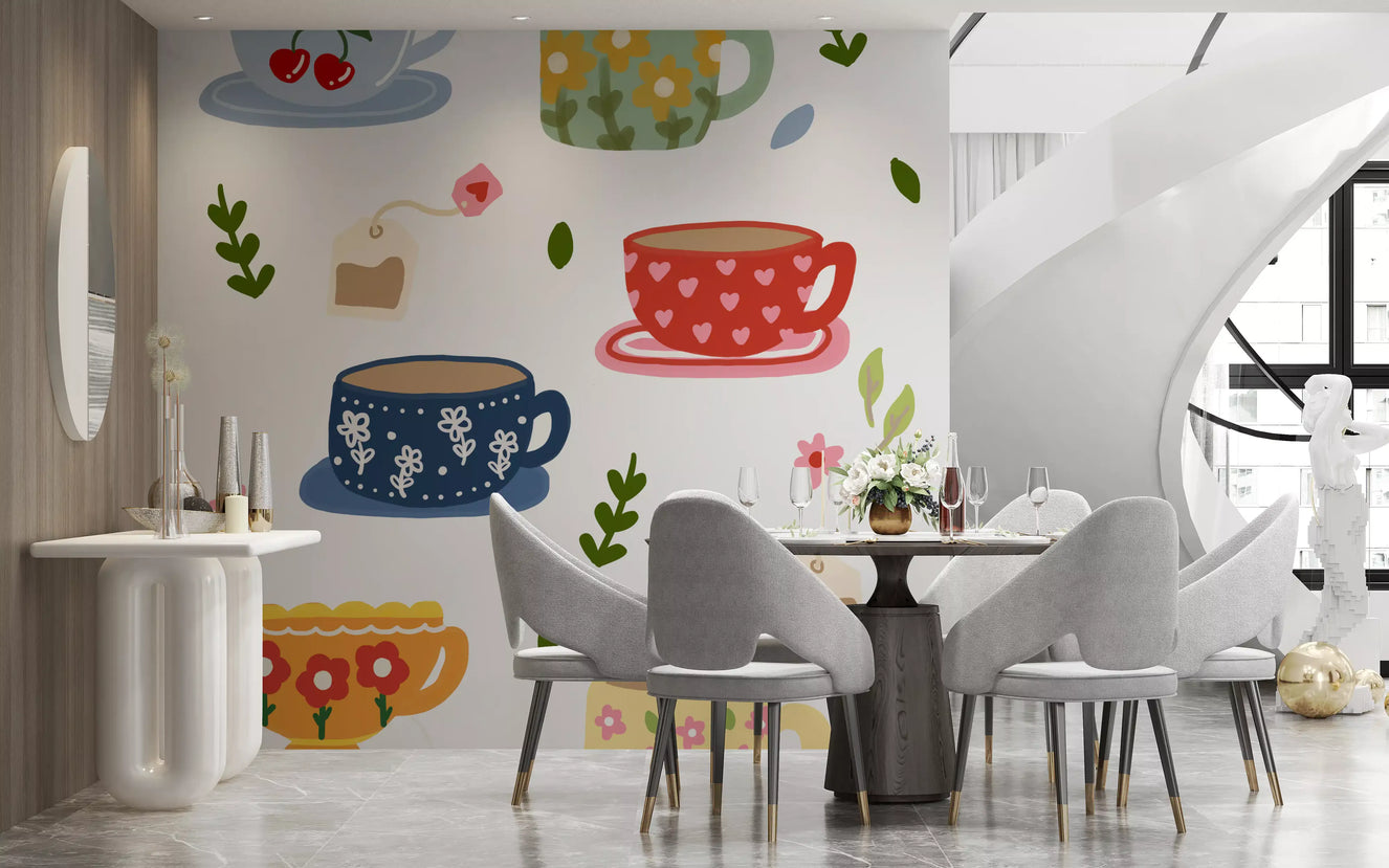 Pantry Teatime Wall Mural with tea tags, cups, and playful leaves